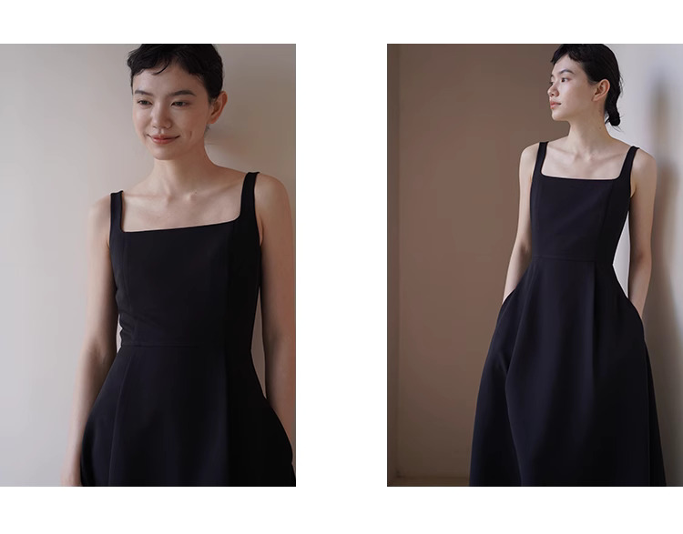 優雅赫本風小黑裙高腰分割拼接氣質方領背心A字洋裝女