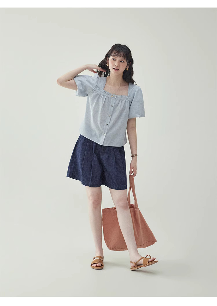 韓系深色高腰寬腿休閒牛仔褲女夏季新款寬鬆壓褶短褲
