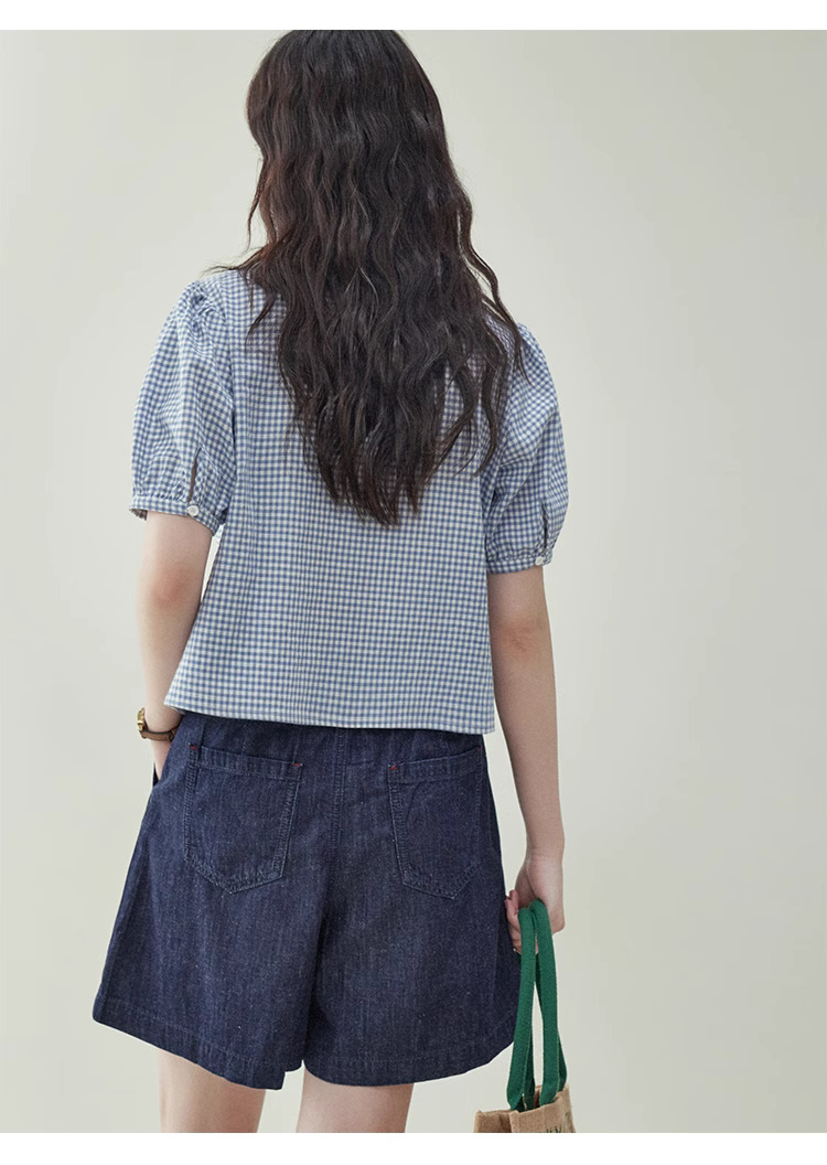 藍格泡泡袖短版純棉襯衫女夏季新款甜美寬鬆上衣