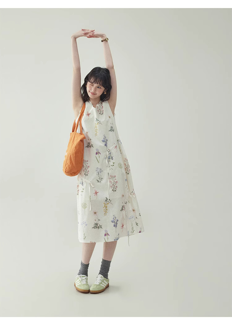 花卉印花純棉背心洋裝女夏新款度假風v領中裙