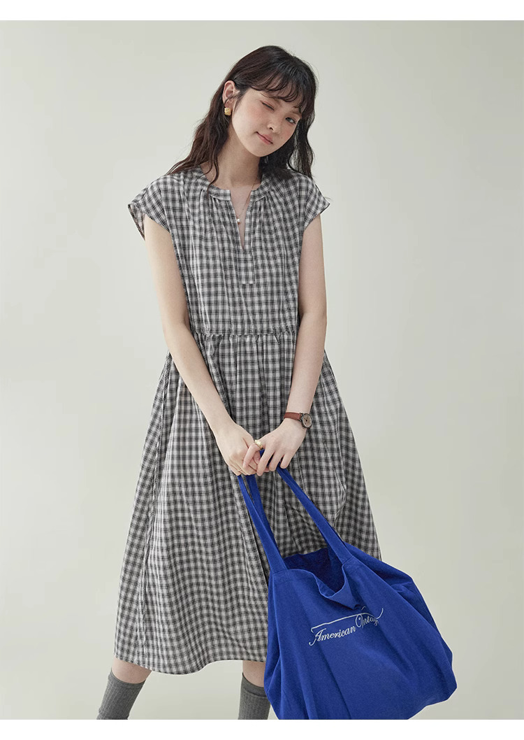 黑格抽繩v領純棉洋裝女夏季新款a字短袖中長裙