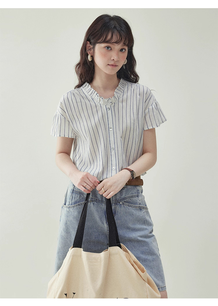 清爽豎紋花邊領短袖襯衫女夏季新款純棉寬鬆上衣
