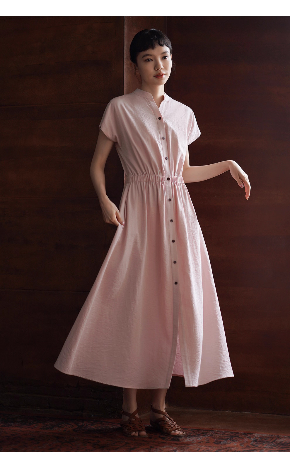 冰透粉晶洋裝寬鬆收腰短袖長撞色釦子立領襯衫裙子