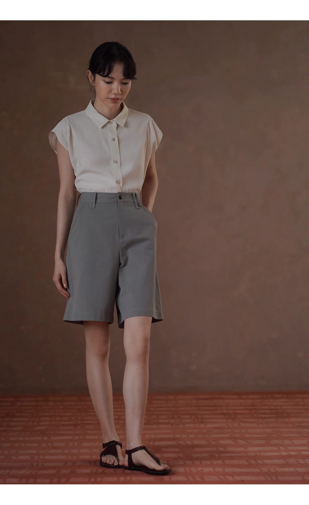 通勤選手柔軟亞麻混紡清爽透氣小巧版型飛袖顯瘦襯衫女