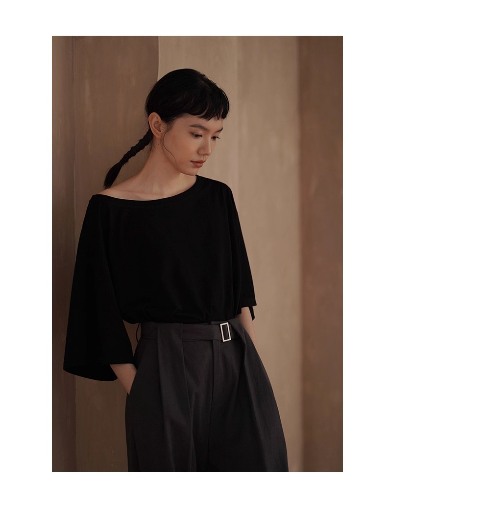 鬆弛自在法式上衣斜肩大領口輕薄透氣寬鬆顯瘦中袖T恤女