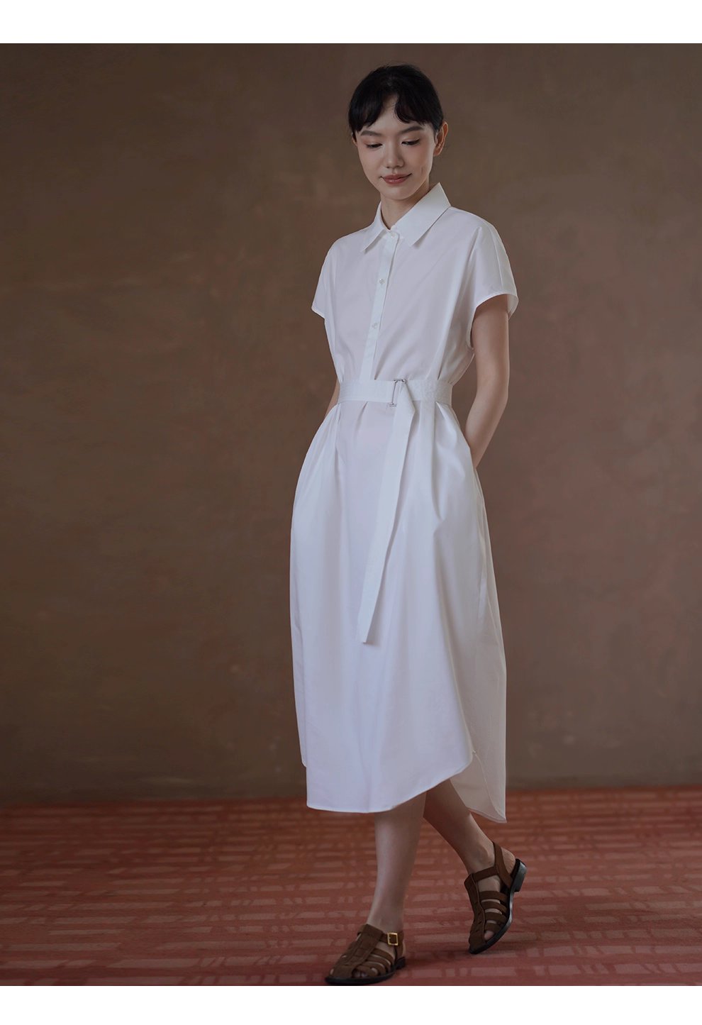 浮生一日清冷通勤洋裝寬鬆顯瘦腰帶半門襟長襯衫裙