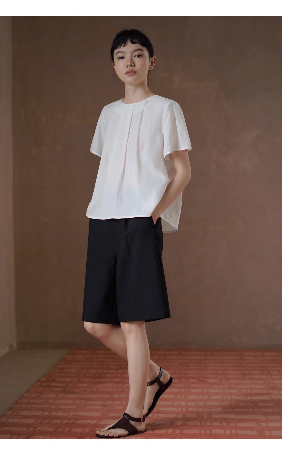 清香白檸檬上衣壓褶圓領A字顯瘦萊賽爾亞麻透氣通勤襯衫