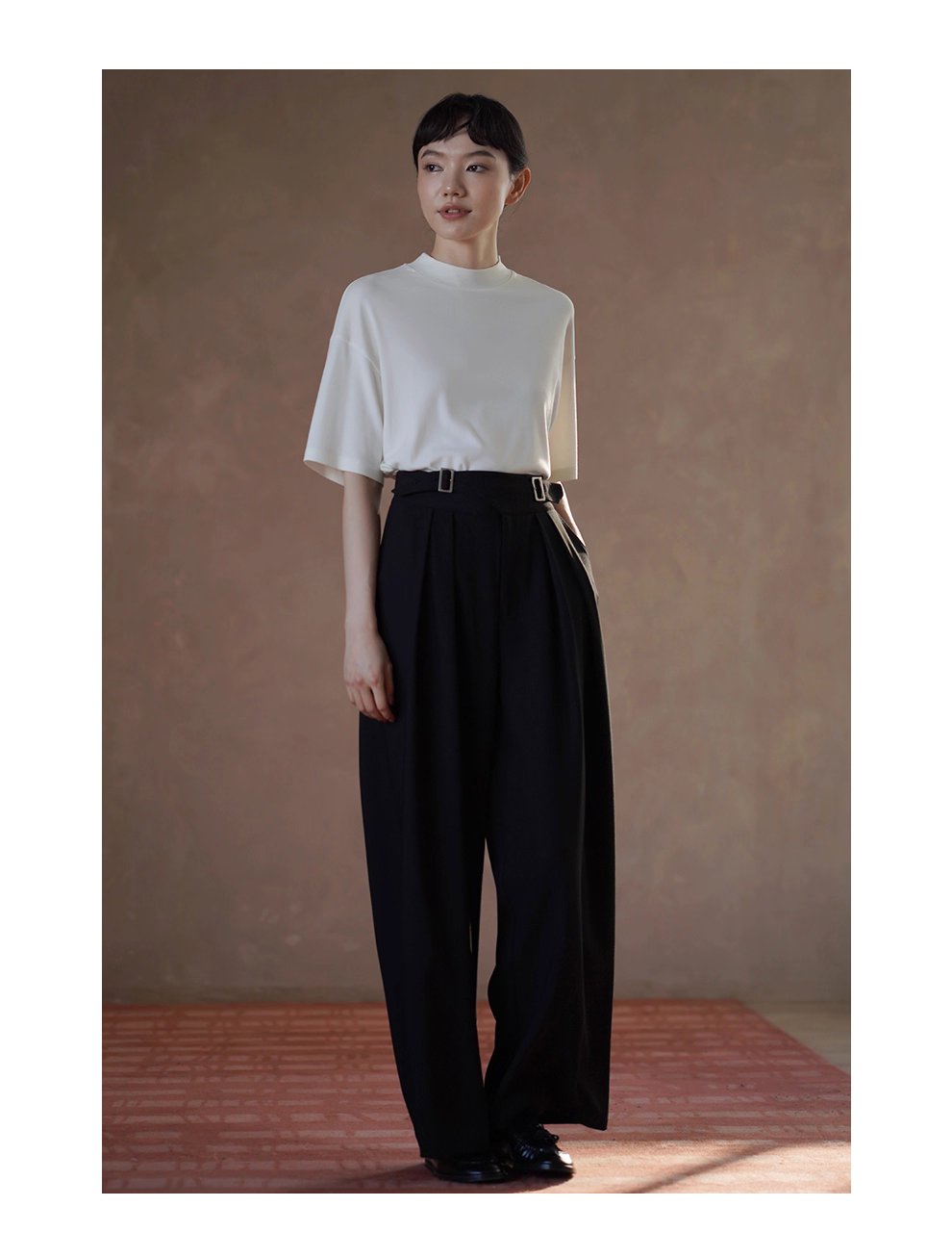 利落職場顯瘦高腰不對稱日字袢設計寬鬆顯瘦長褲女