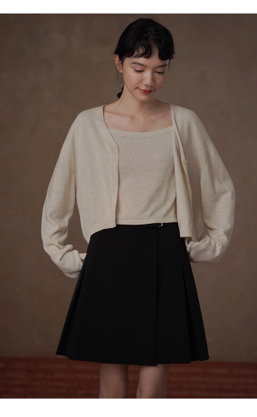 清新燕麥萊賽爾亞麻混紡背心開襟針織溫柔通勤兩件套女