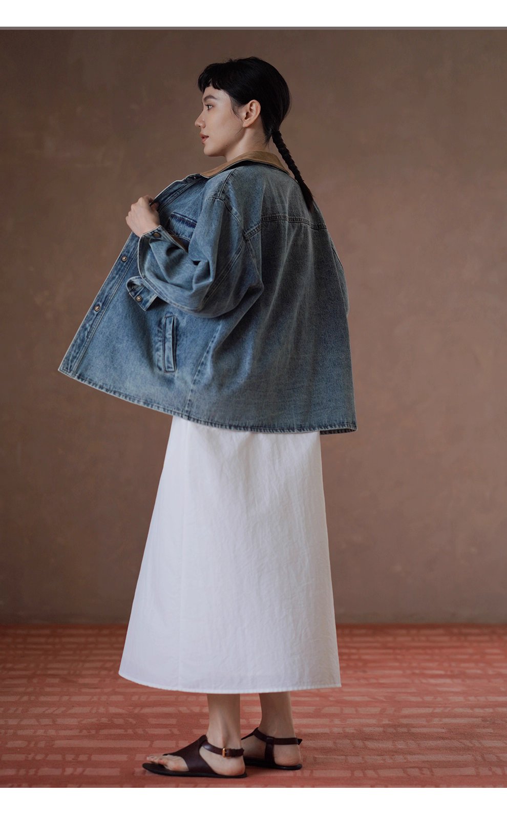 復古風潮做舊水洗燈芯絨拼接翻領牛仔襯衫寬鬆顯瘦外套