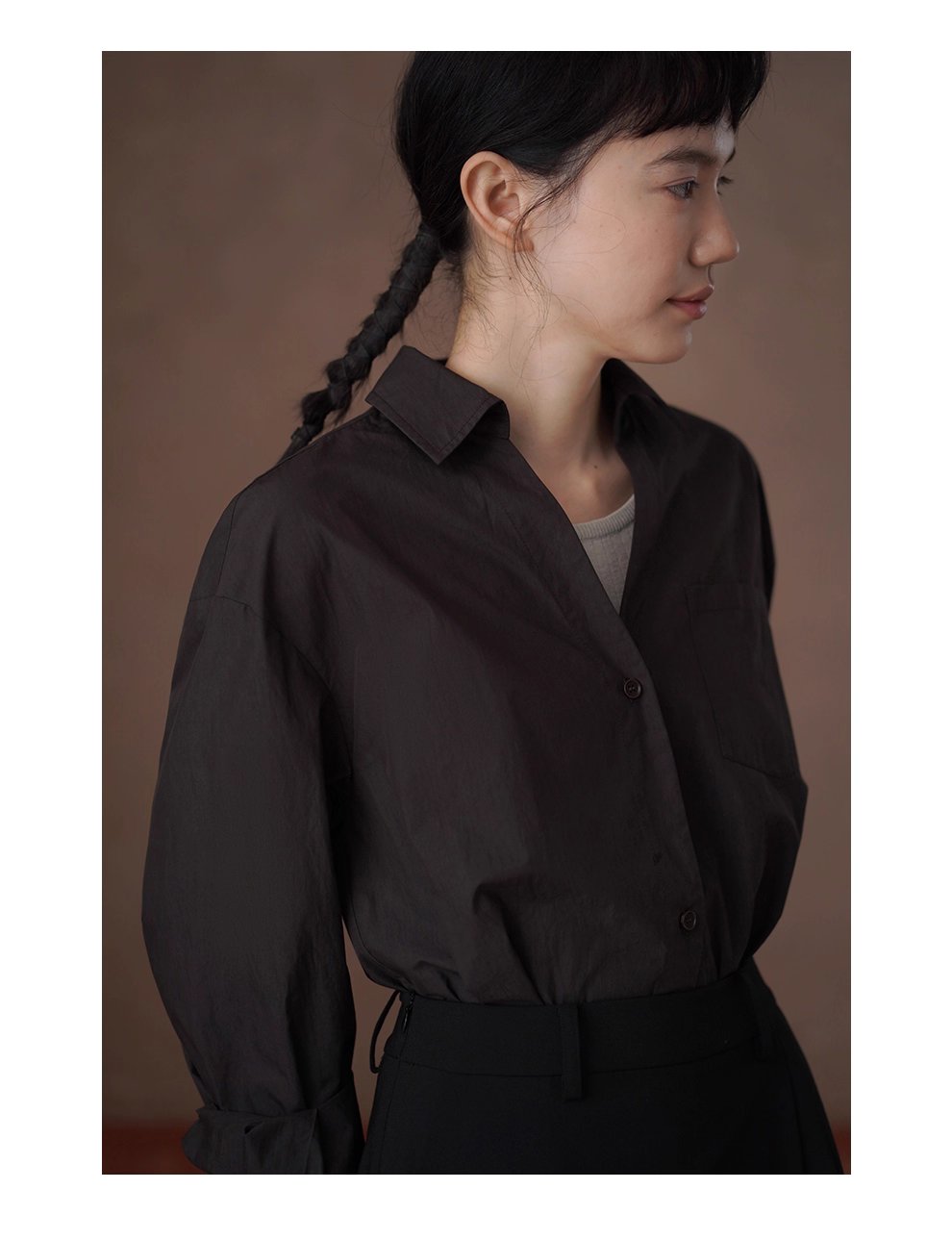 知識分子高智感襯衫濃鬱古巴咖寬鬆顯瘦V領廓形通勤上衣