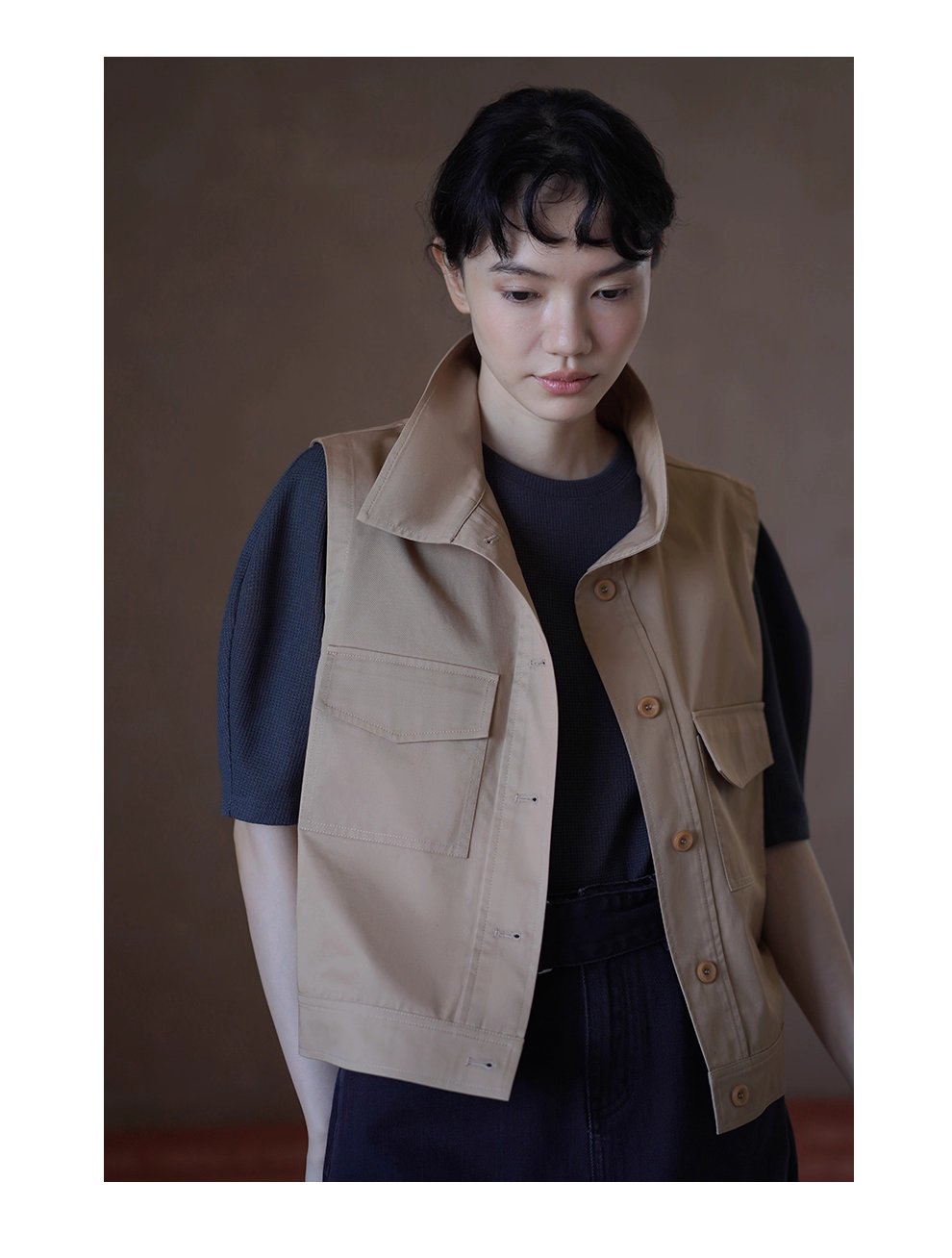 楓葉長椅馬甲顯瘦挺括親膚萊賽爾棉立領工裝疊穿外套女