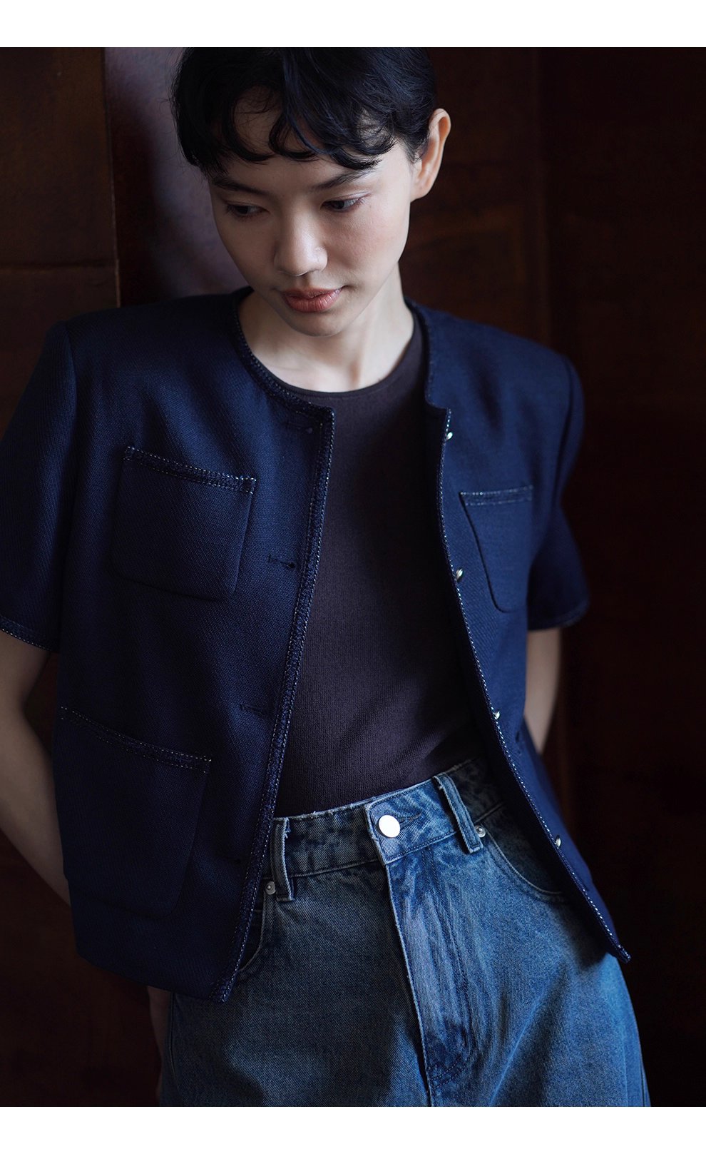 法式花邊拼接肌理感短袖小香氣質圓領通勤顯瘦短外套