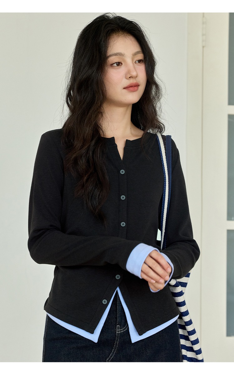 大尺碼胖mm正肩假兩件t恤女內搭打底衫秋季長袖上衣