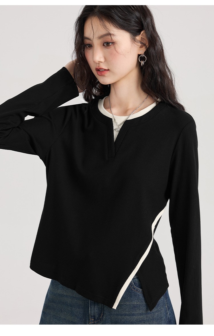 大尺碼黑色針織衫女打底衫顯瘦胖mm正肩長袖上衣