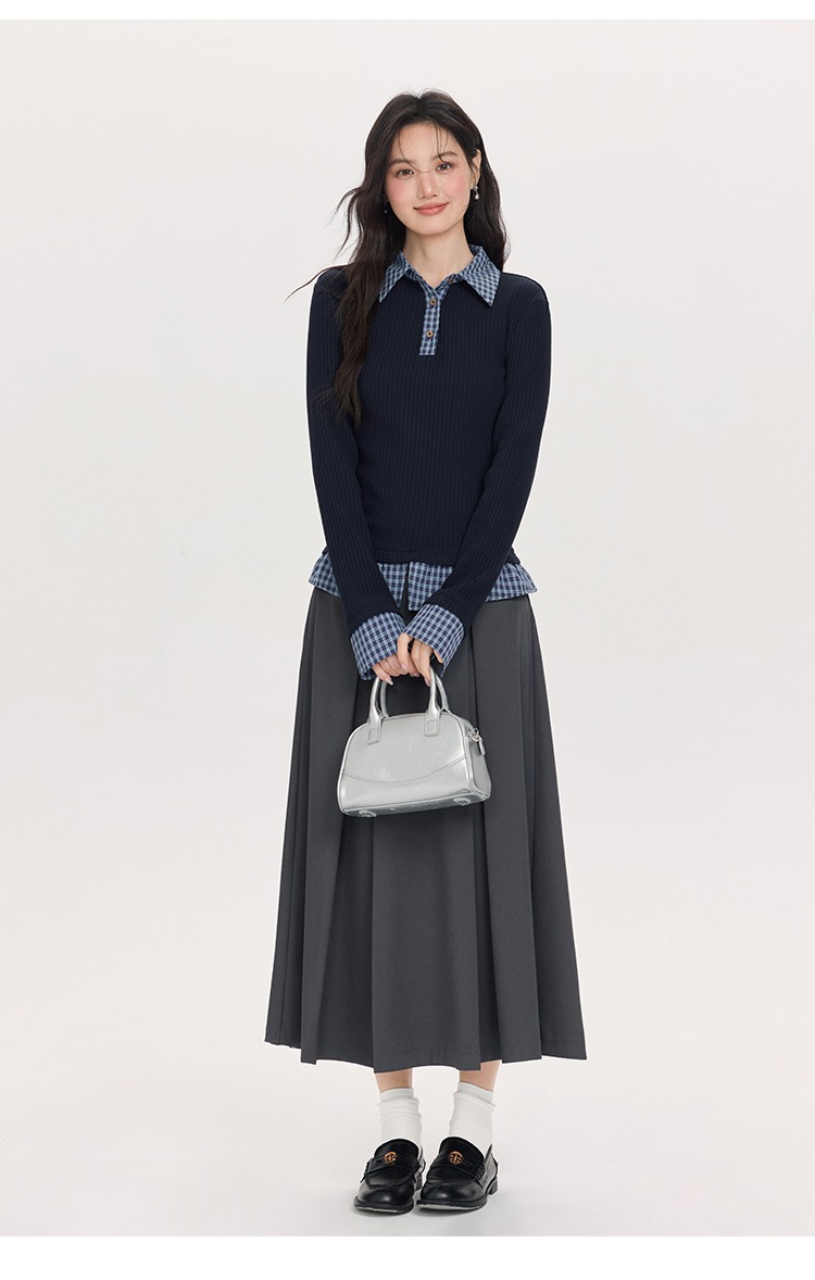 大尺碼拼接格紋襯衫假兩件針織衫polo領上衣