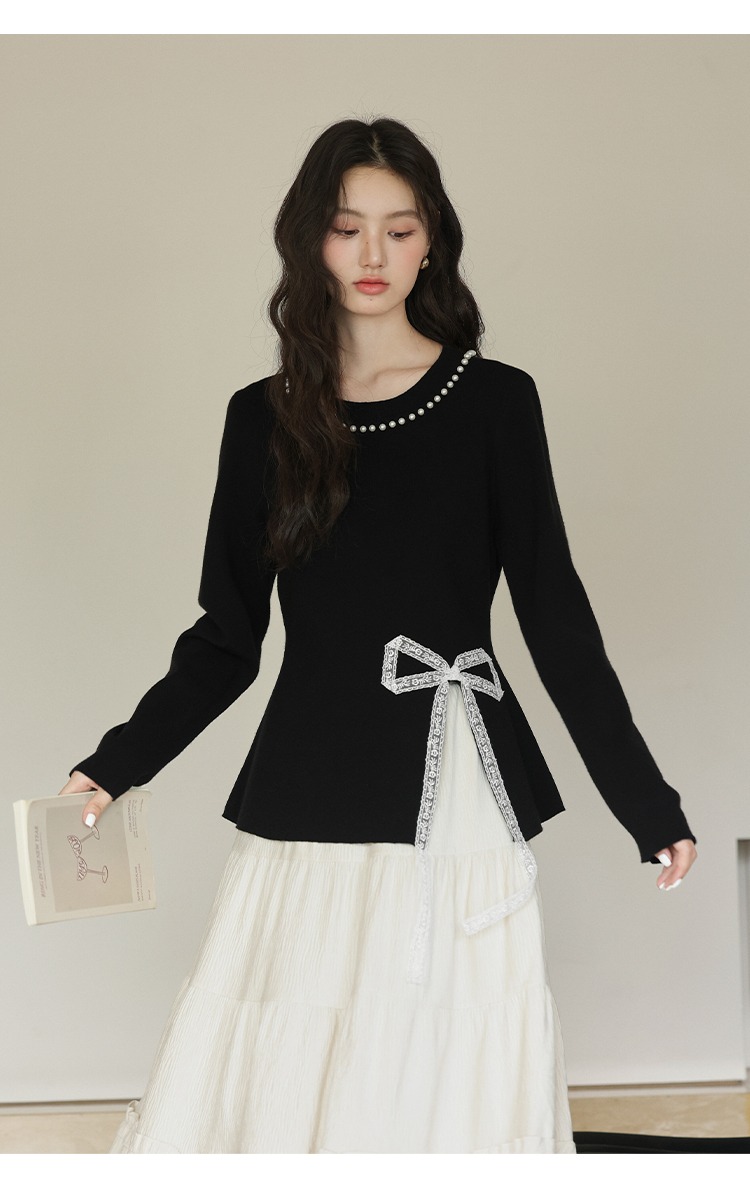 大尺碼釘珠針織衫胖mm上衣搭蕾絲拼接針織毛衣