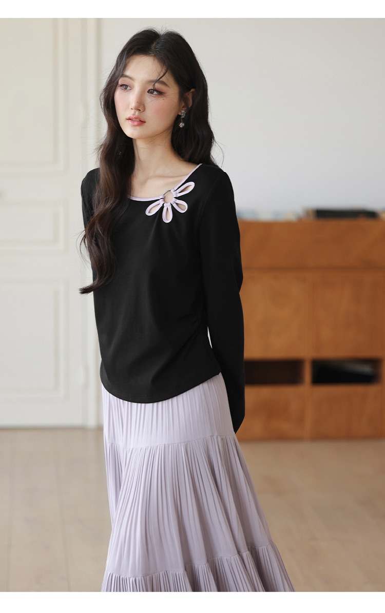 大尺寸胖mm鏤空花朵正肩長袖t恤女2025新款穿搭內搭上衣