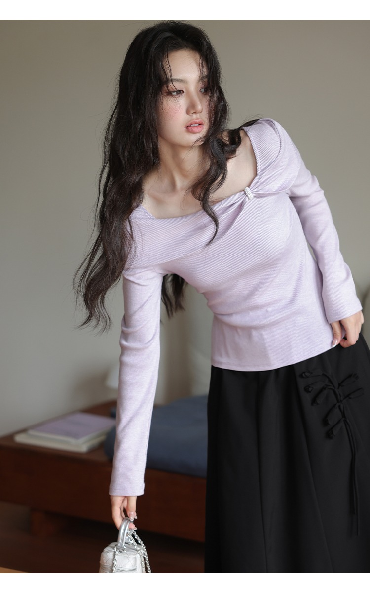 大尺碼氣質穿搭方領針織衫新款內搭打底衫秋季紫色上衣