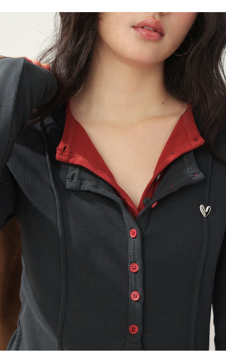 大尺碼秋裝灰色正肩長袖設計感假兩件疊穿上衣