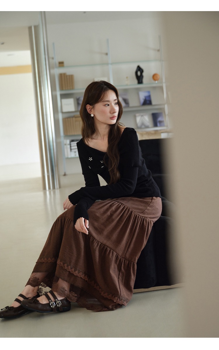 大尺碼蕾絲拼接A字半身裙蛋糕裙棕色裙子