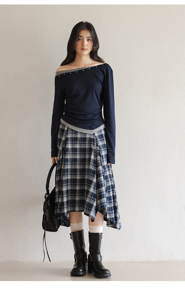 大尺碼一字肩上衣T恤個性撞色修身上衣