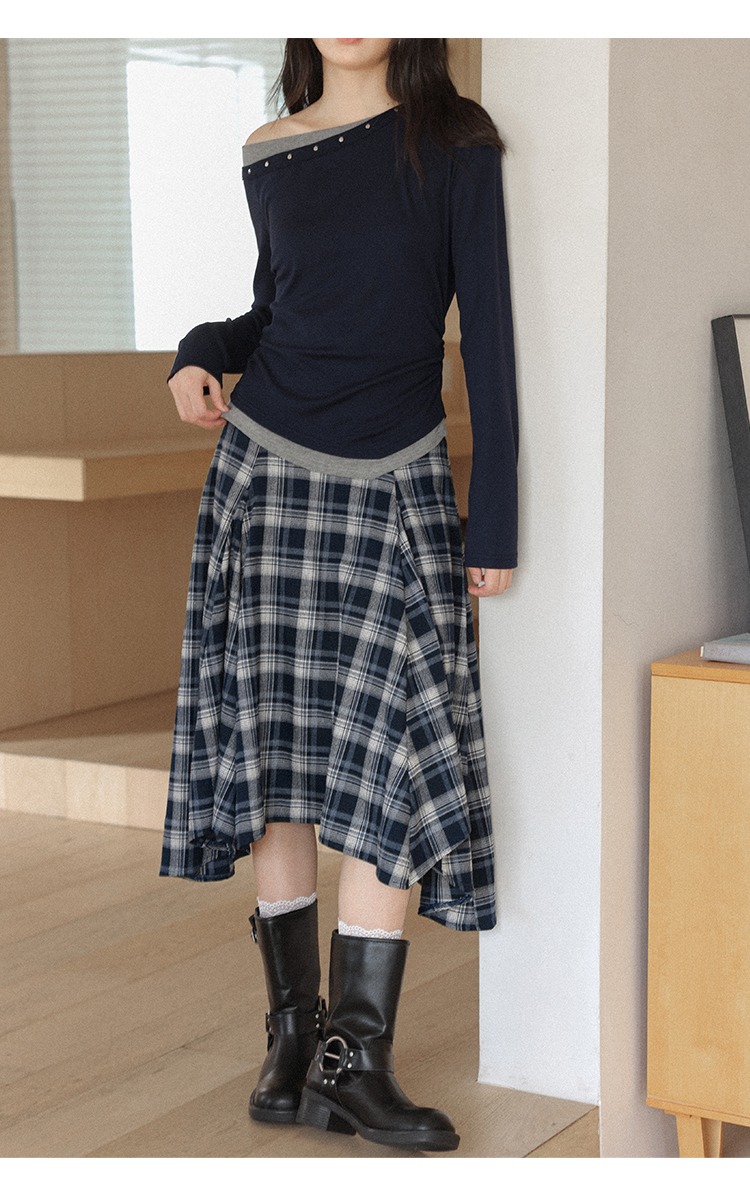 大尺碼藍白拚色格紋半身裙不規則裙襬個性穿搭