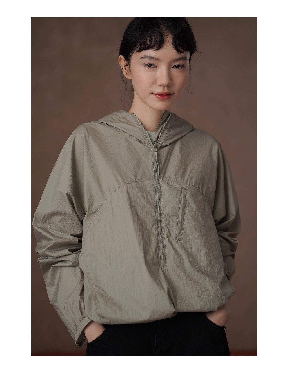 輕薄海苔工裝輕戶外上衣透氣寬鬆顯瘦拉鍊連帽沖風衣女