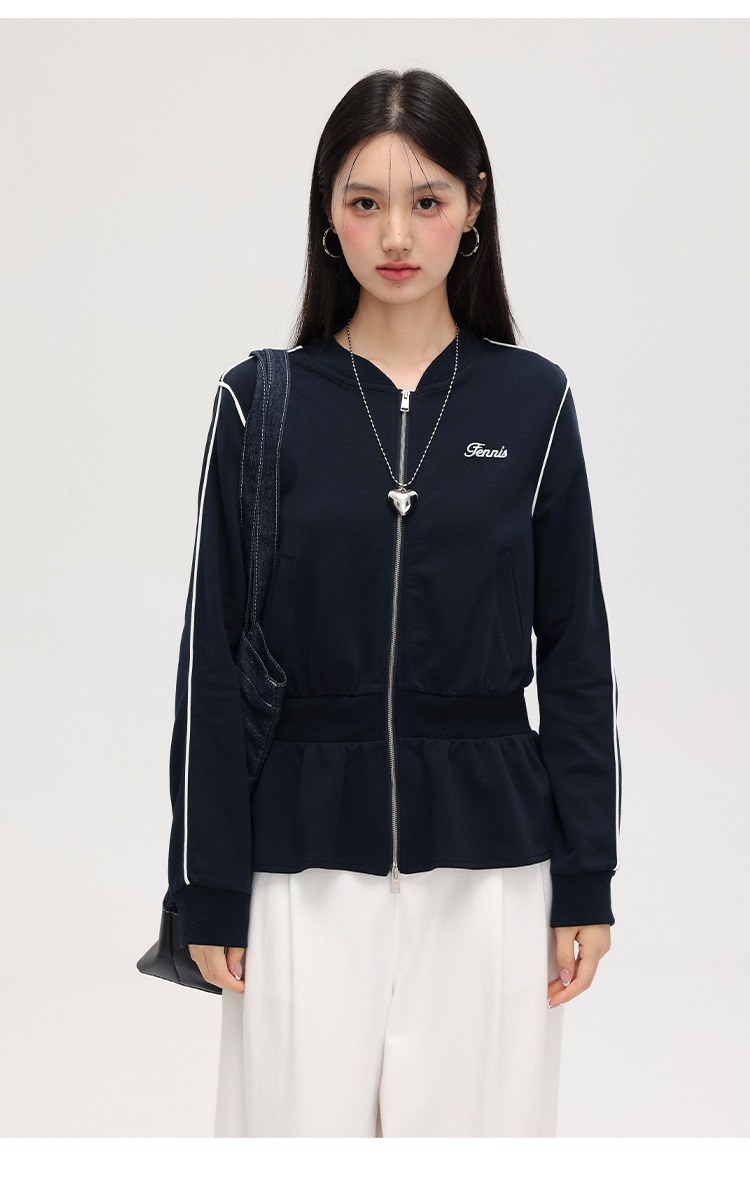 大尺碼收腰衛衣外套女拉鍊開襟衫荷葉邊上衣外套