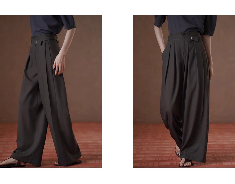 高品質色紡西裝布料可調式腰帶寬鬆垂順顯瘦闊腿長褲女