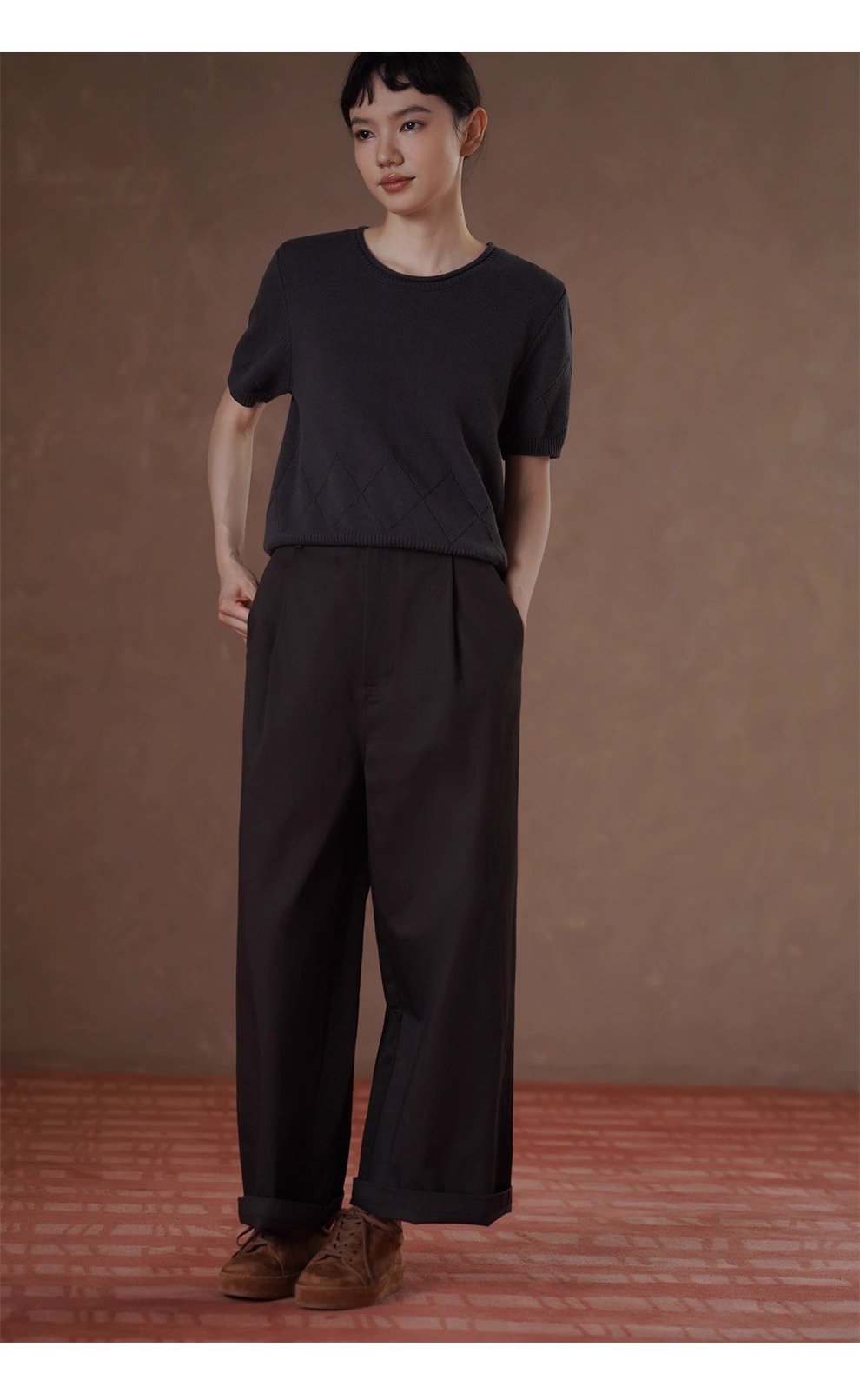 深幽雪松咖長褲寬鬆遮肉高腰顯瘦不挑人挺括100棉闊腿褲