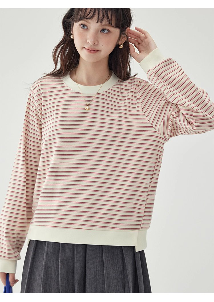 條紋不規則下擺衛衣T恤女秋季新款圓領長袖上衣