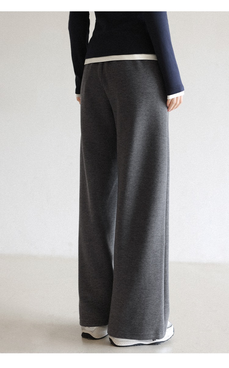 大尺碼鬆緊腰直筒闊腿褲女秋灰色休閒褲子