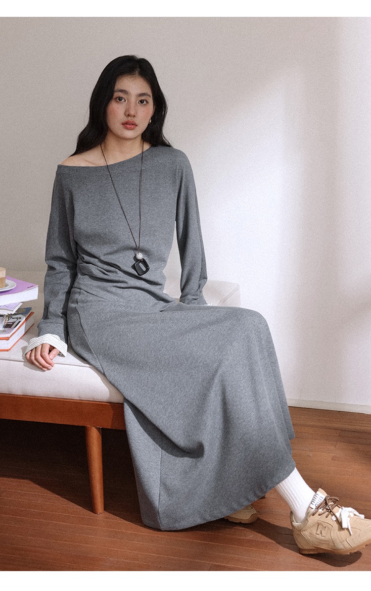 中大尺碼斜肩長袖上衣半身裙兩件套裝