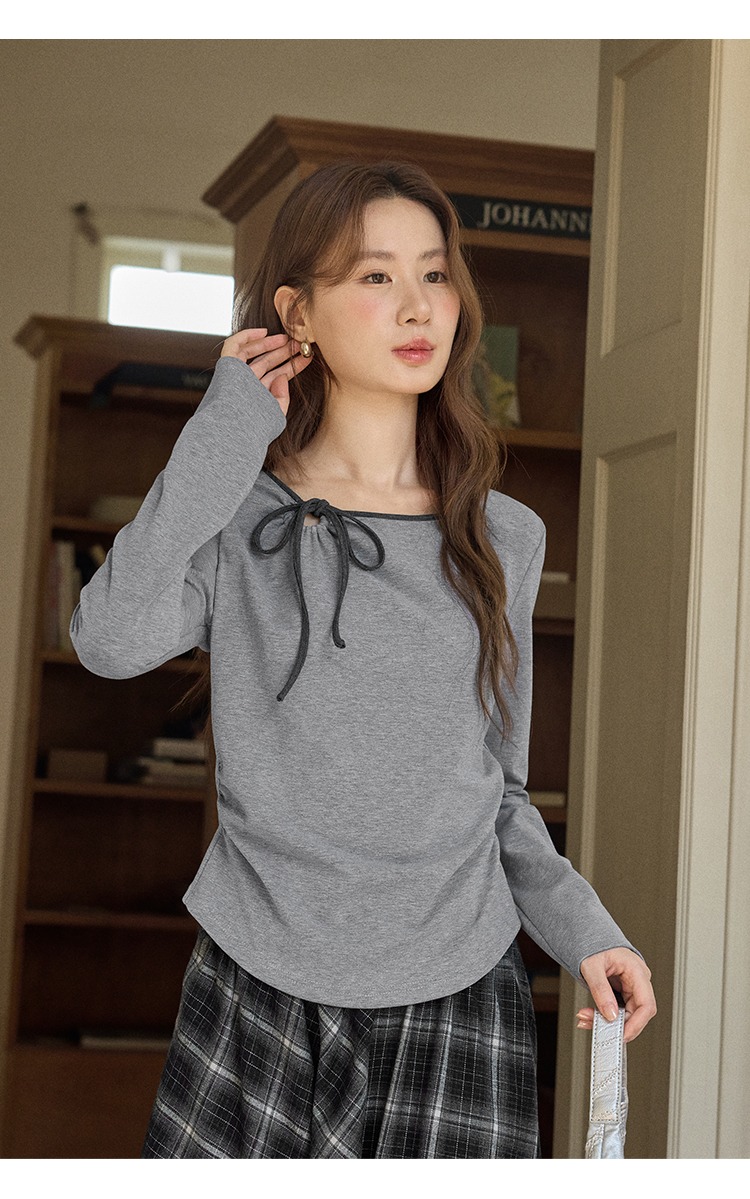 大尺碼鏤空蝴蝶結灰色長袖T恤女裝收腰上衣