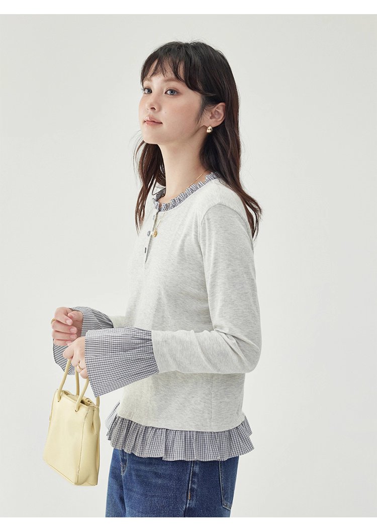 撞色拼接襯衫喇叭袖t卹女秋季新款寬鬆長袖上衣