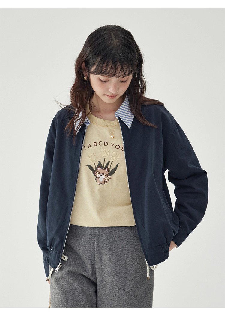 韓國翻領兩面穿拉鍊外套女秋季新款純棉長袖上衣