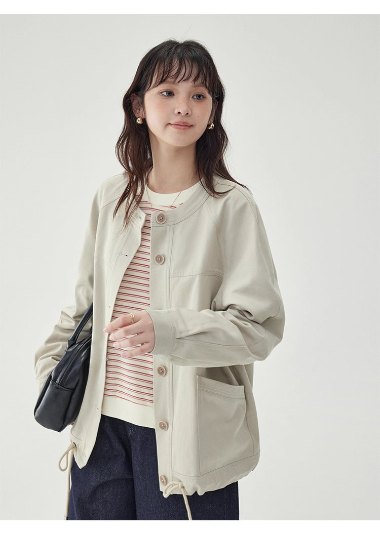 純色單排扣抽繩下擺外套女秋季新款圓領長袖上衣