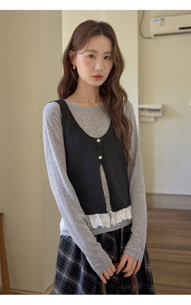 大尺碼秋季內搭女針織馬甲背心開襟衫兩件套裝