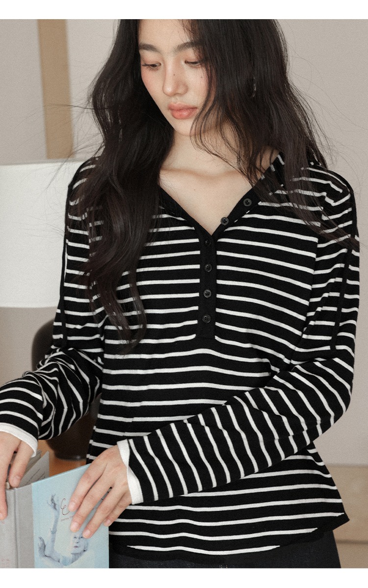 大尺碼胖mm條紋針織衫秋季寬鬆連帽上衣