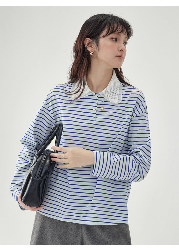 拼接翻領藍條紋長袖T恤女秋季新款寬鬆純棉上衣