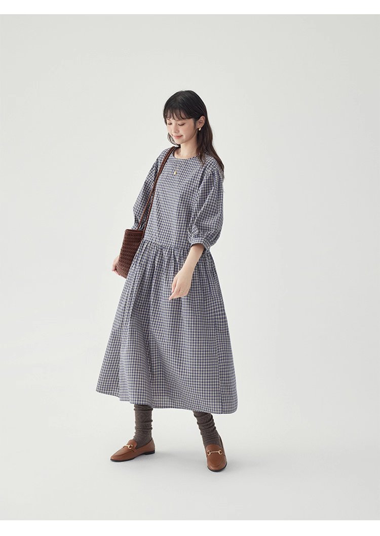 日系格紋燈籠袖洋裝女秋季新款寬鬆純棉a字裙