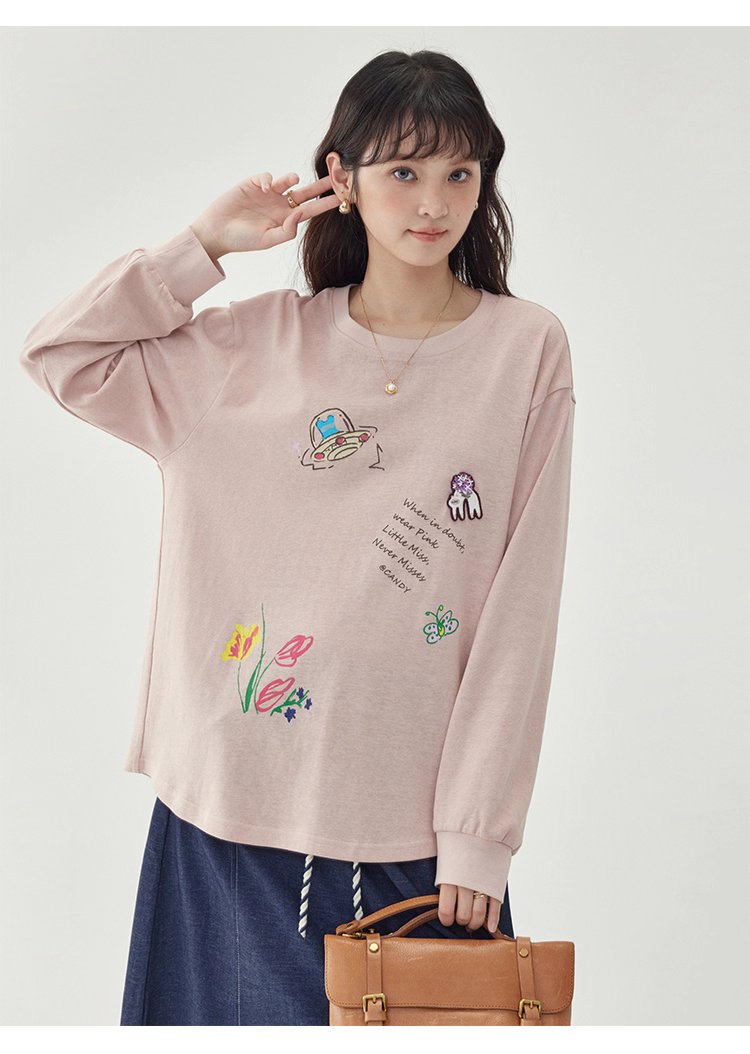 減齡印花落肩長袖粉紅T恤女秋新款寬鬆百搭上衣