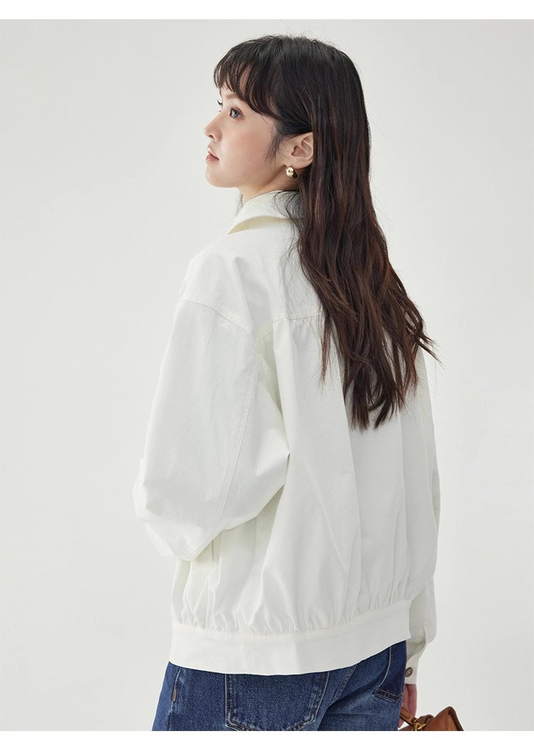 白色單排扣polo領長袖外套女25秋季新款寬鬆上衣