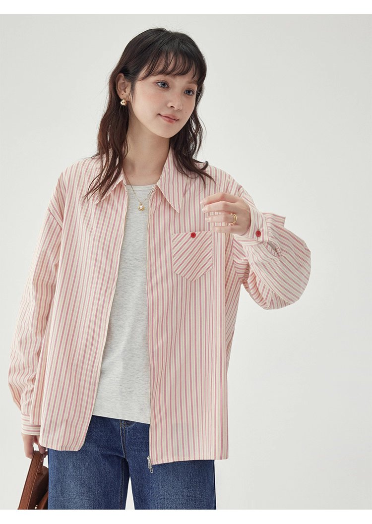 粉紅色圖案雙拉鍊長袖襯衫女秋季新款純棉外套上衣