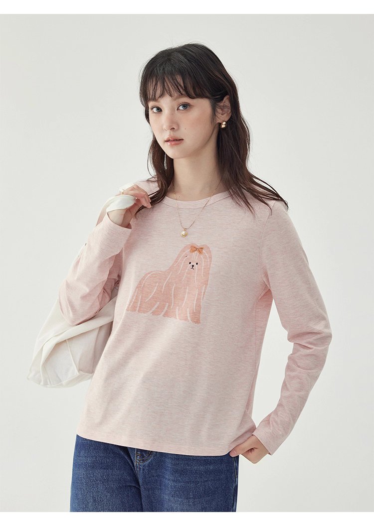 粉紅小狗印花長袖T恤女25秋季全新寬鬆減齡上衣