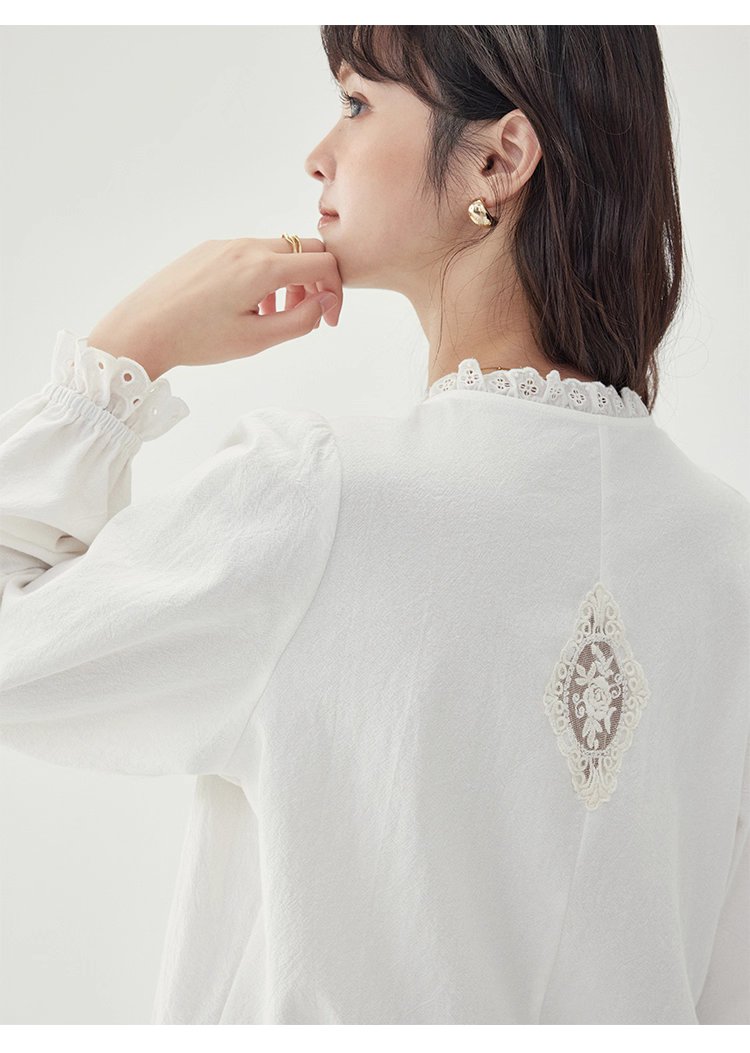 花邊長袖後貼花片白襯衫女秋季新款甜美純棉上衣