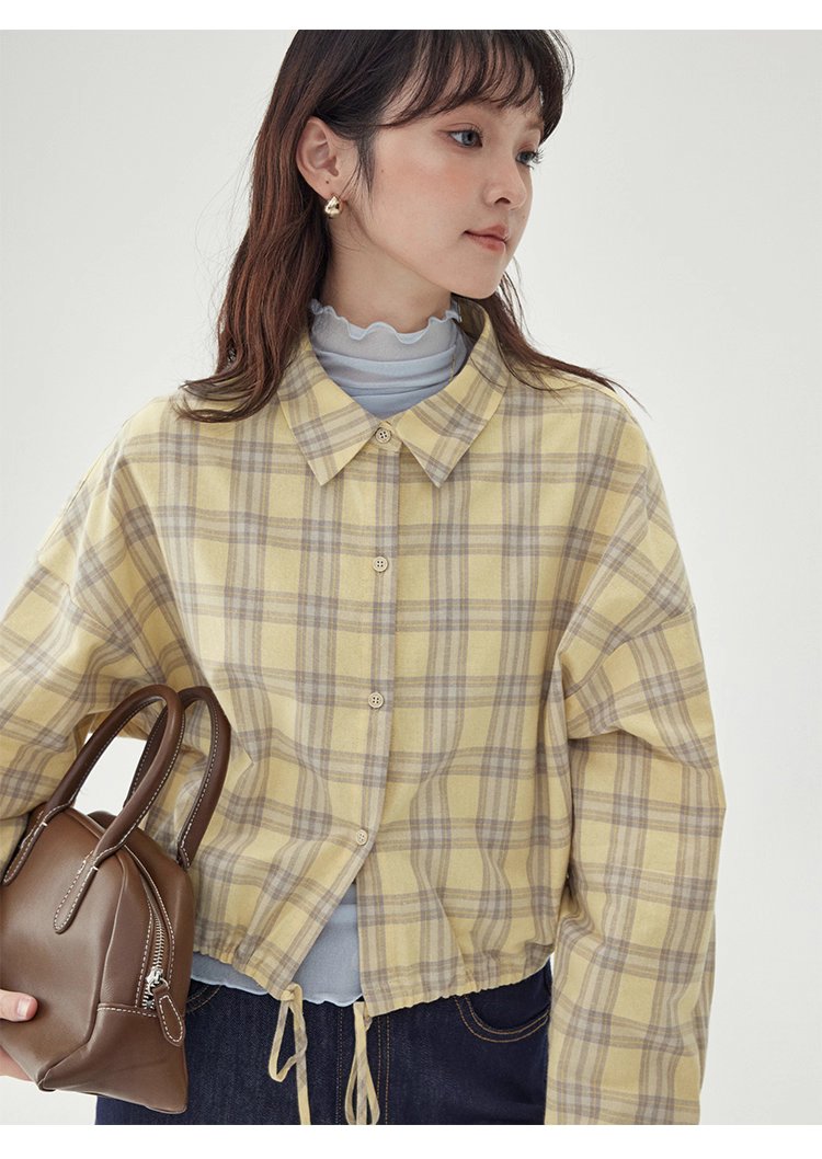黃格單排扣抽繩下擺襯衫女秋季新款純棉長袖上衣
