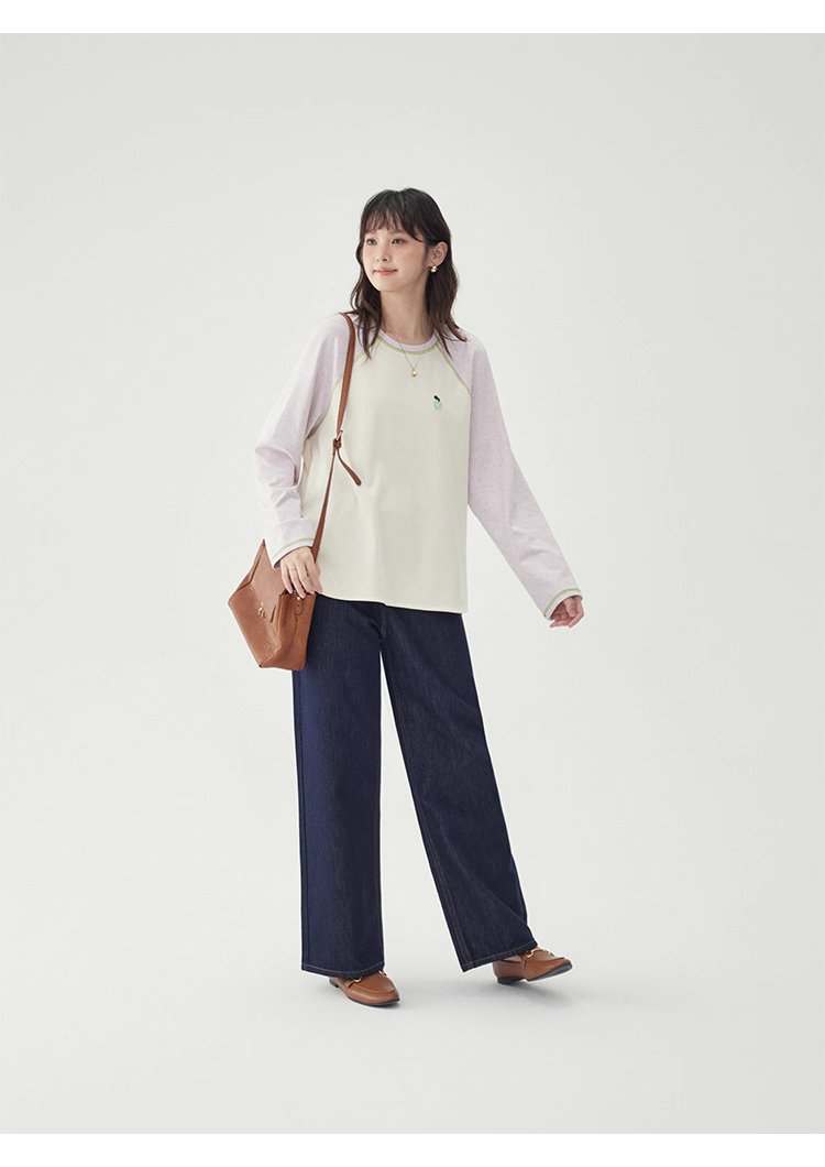 撞色插肩長袖側開叉T恤女秋季新款減齡刺繡上衣