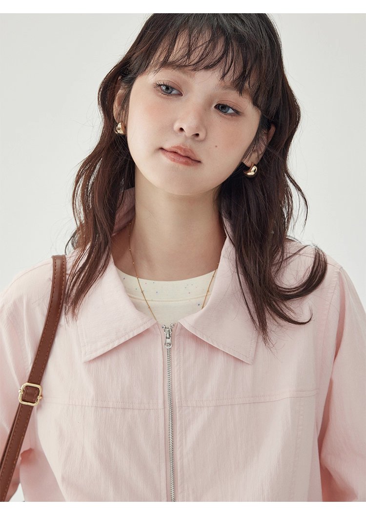 少女感粉紅拉鍊長袖外套女秋季新款翻領短版上衣